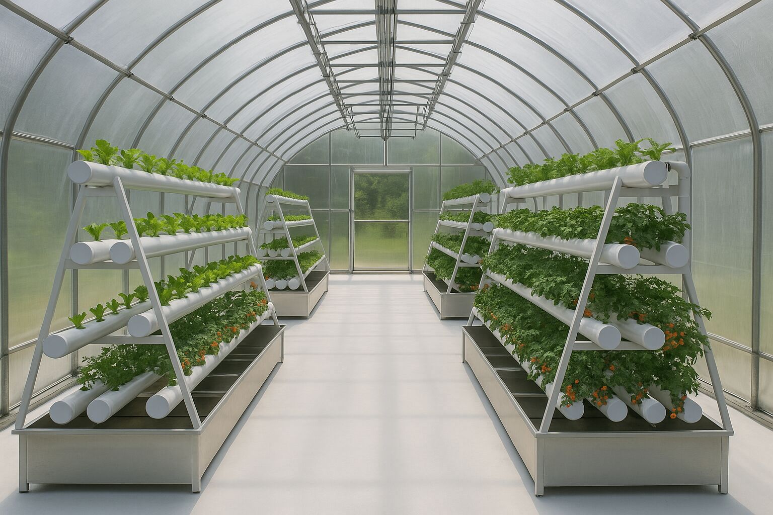 A-Frame modules lined up along the aisle of a translucent greenhouse