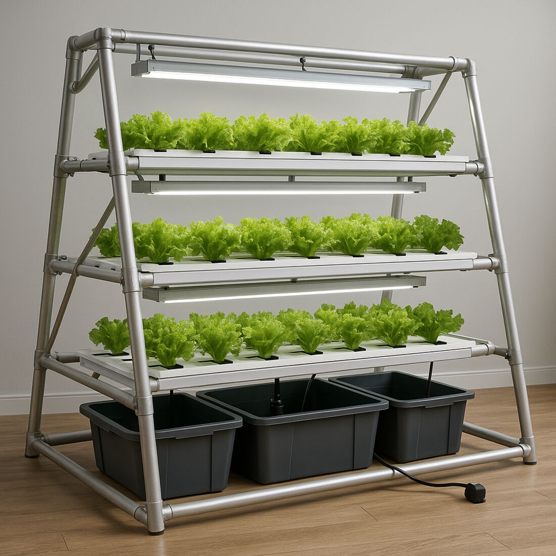Indoor A-Frame module with LED bars above each level of leafy greens and reservoirs underneath